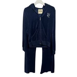 Viva Diva Velour Tracksuit Set Women L Navy Blue Y2K Full Zip Lounge Set Bling